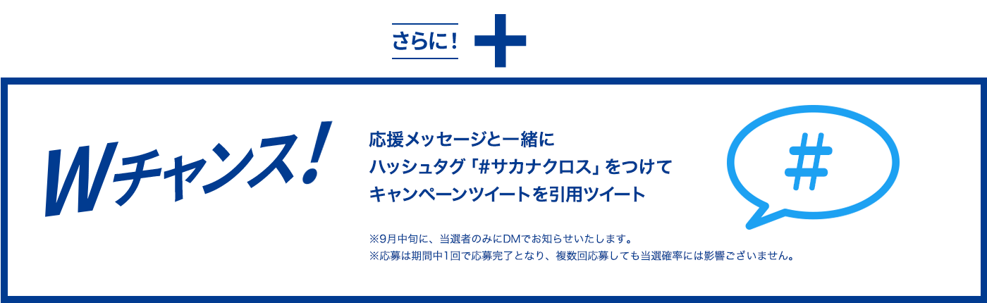 Wチャンス！応援メッセージと一緒にハッシュタグ「#サカナクロス」をつけてキャンペーンツイートを引用ツイート